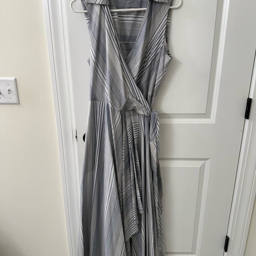Elegant Gray Striped Women's Wrap Dress! Perfect for a summer wedding or party!